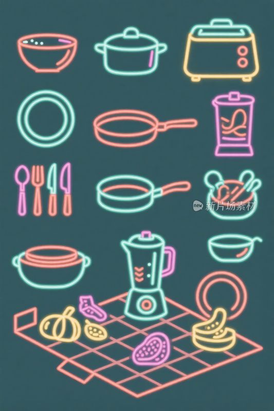 厨房器具霓虹插画