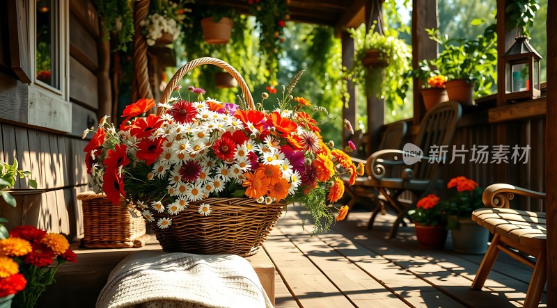 阳光下的花篮与木屋