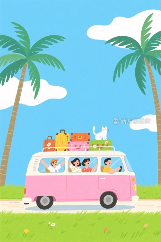 卡通夏日旅行巴士