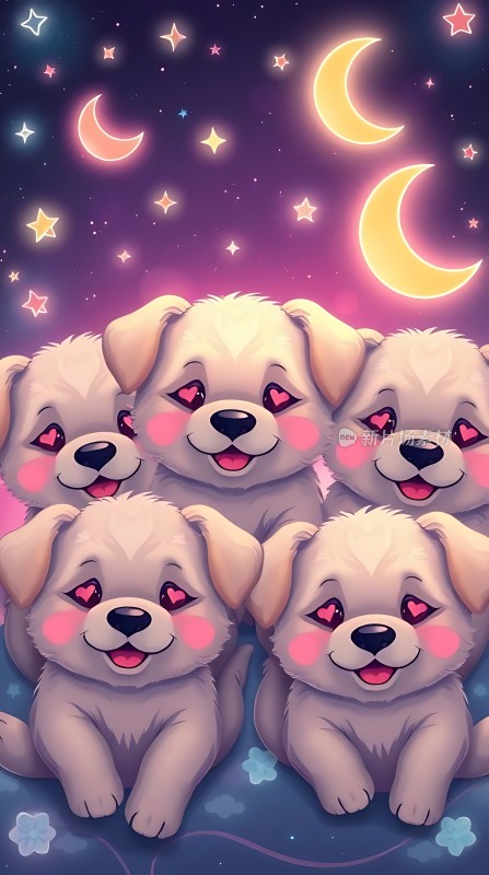 六只可爱小狗仰望星空