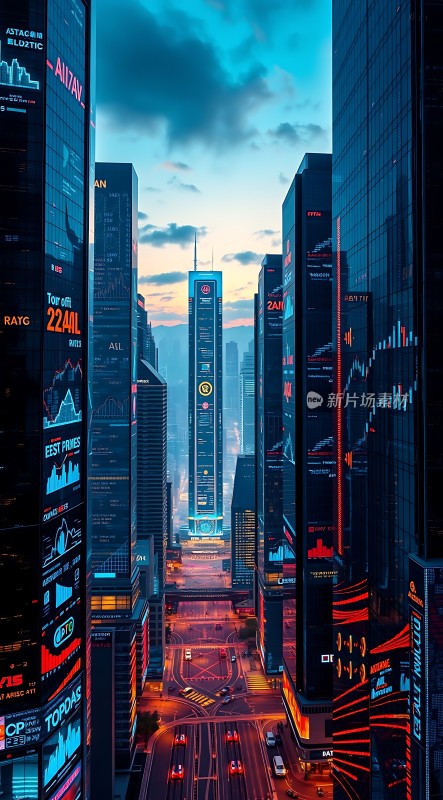 未来都市夜景摩天大楼与霓虹灯