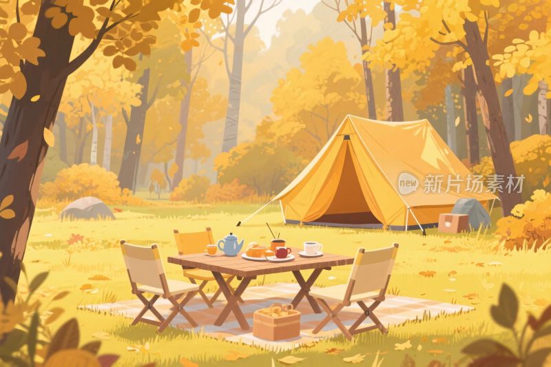 秋日森林中的露营场景