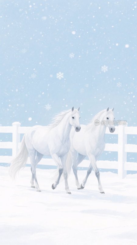 雪地中两匹白马漫步