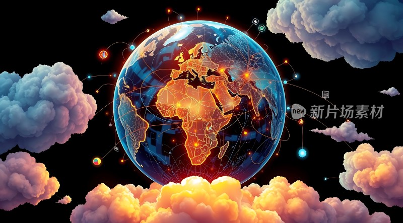 全球网络连接云雾环绕