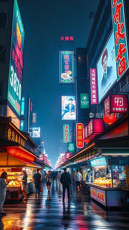 霓虹灯下的繁华夜市热闹非凡