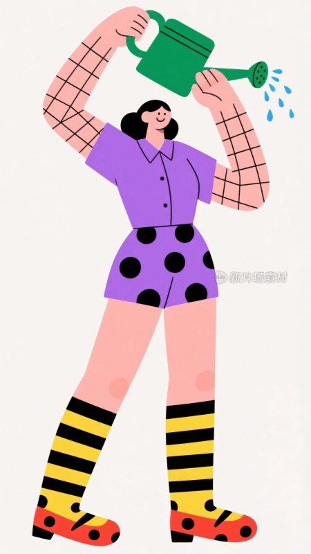 女子手持喷壶浇水的插画