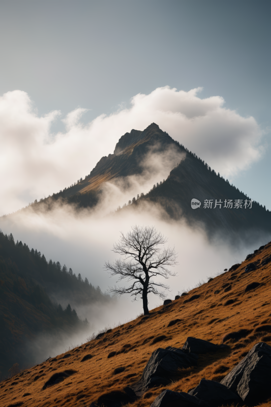 山上一棵孤树一座高山清风景图片