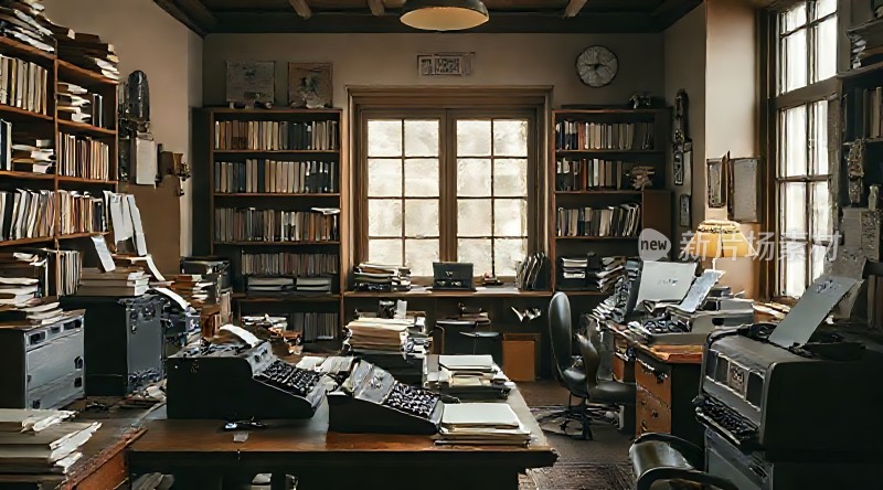 复古书房书架、书籍、打字机与旧式家具营造浓厚学术氛围