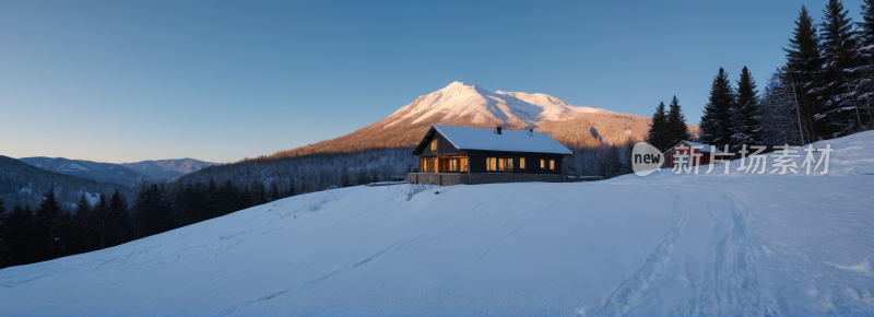 雪山小屋和高山清风景横幅图片