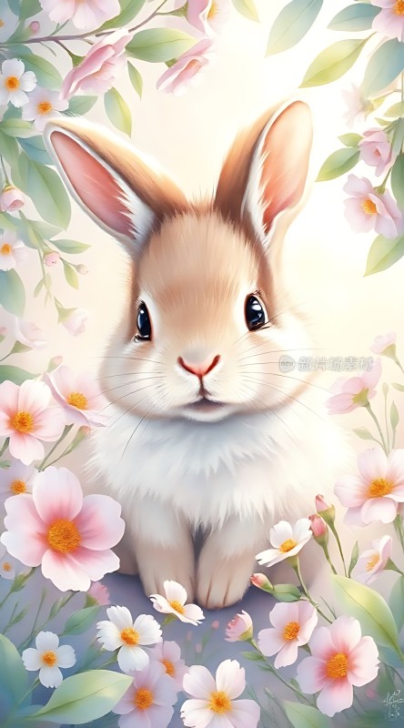 春日萌兔花丛中探出头的小兔子