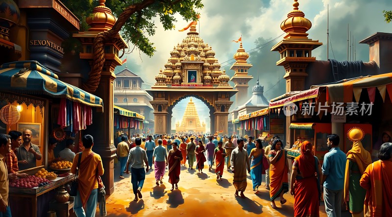 印度寺庙街景色彩斑斓的市场与宏伟的建筑