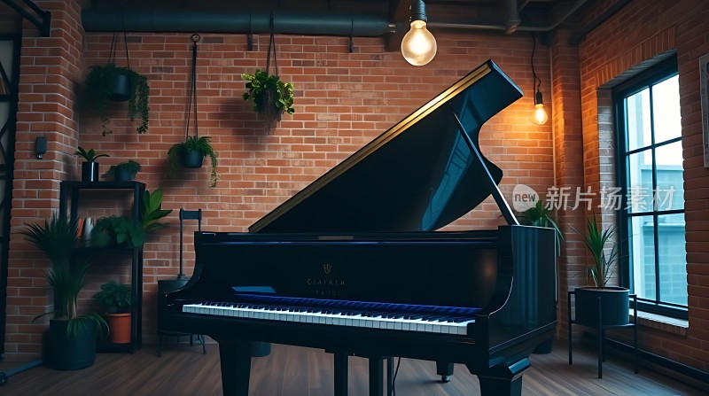 钢琴静候音乐盛宴绿植点缀砖墙艺术空间