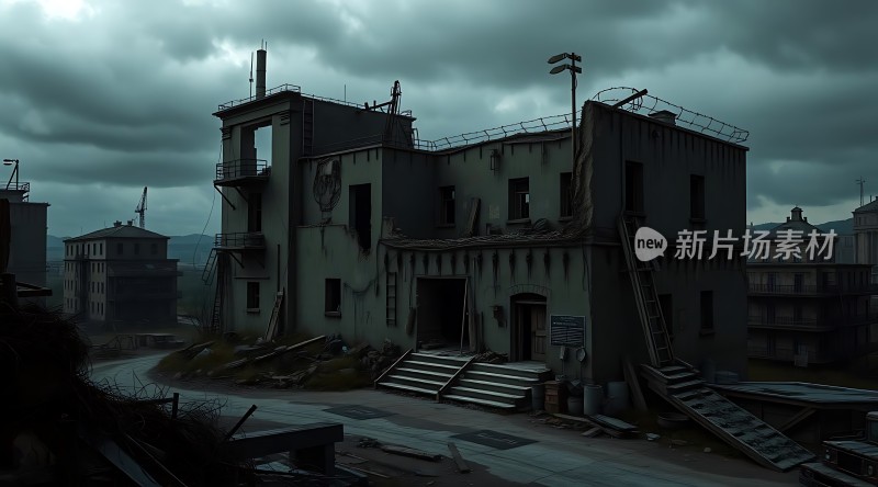 废弃工厂阴沉天空下的破败建筑