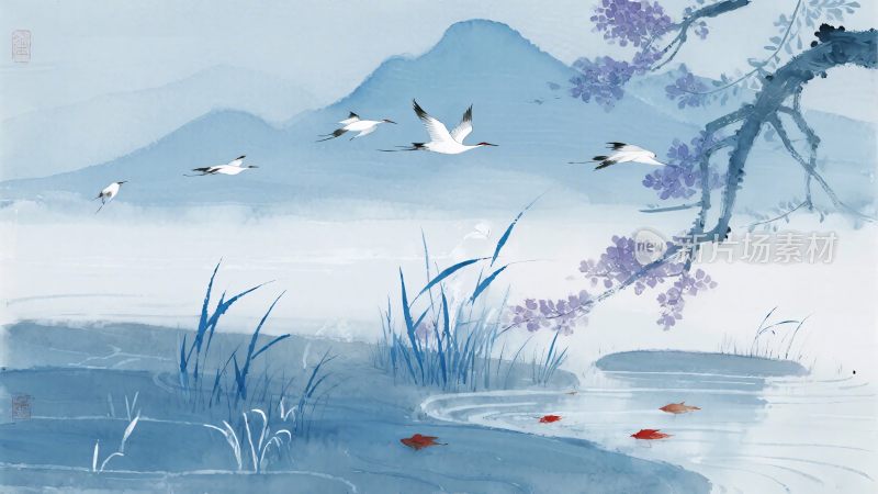 水墨山水飞鸟图