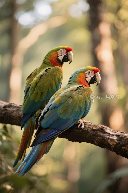 两只鹦鹉栖息在树枝上