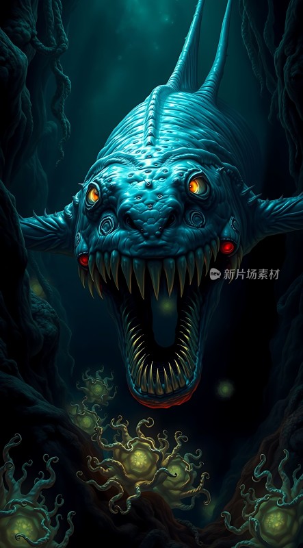 深海巨兽发光的眼睛与锋利牙齿