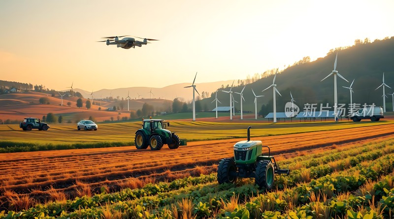 智慧农业无人机与拖拉机协同作业风车助力绿色能源新时代