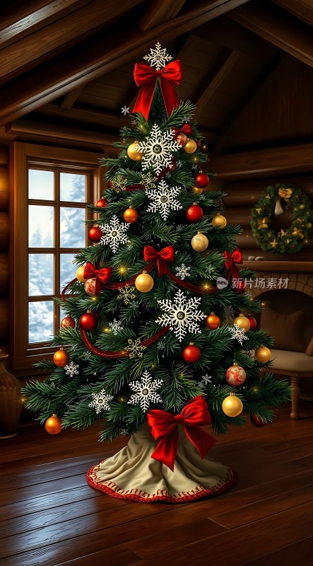 温馨圣诞树红色蝴蝶结点缀雪花装饰木屋内景