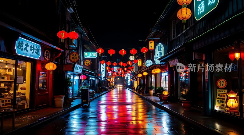 夜色下的古街灯笼与霓虹交织展现传统与现代交融的魅力