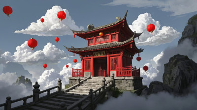 中国风古建筑红灯笼创意插画