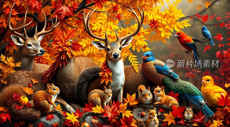 秋日森林里的和谐共处