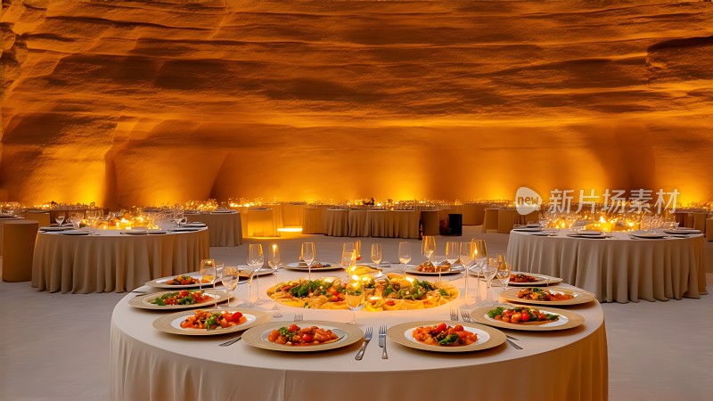 豪华洞穴宴会厅圆桌美食盛宴