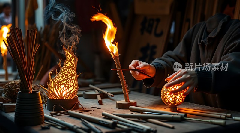 竹编艺术与火焰的结合之美