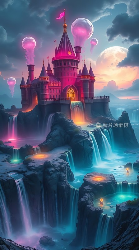 神秘城堡与瀑布奇景