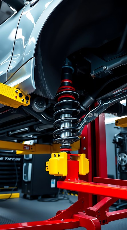 红色黄色支架支撑着银色汽车底盘