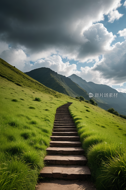 一组通往草山的楼梯高清风景图片