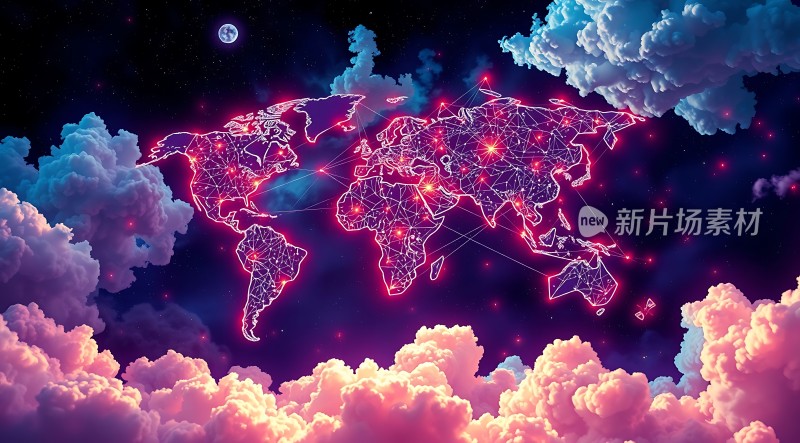 新片场素材云雾缭绕下的世界网络线图