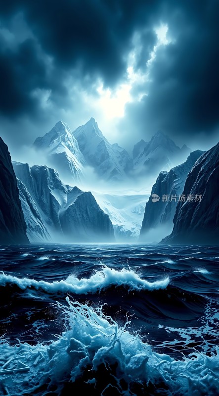 冰封海域雪峰耸立阳光穿透云层海浪翻涌
