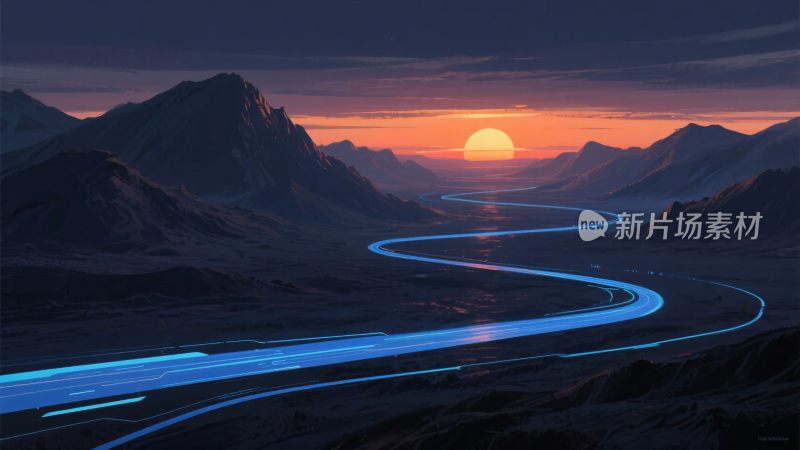 山间落日下的发光蜿蜒道路