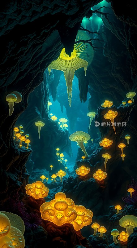 神秘洞穴中的荧光蘑菇世界