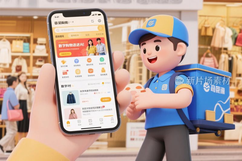 快递员与手机购物场景插画