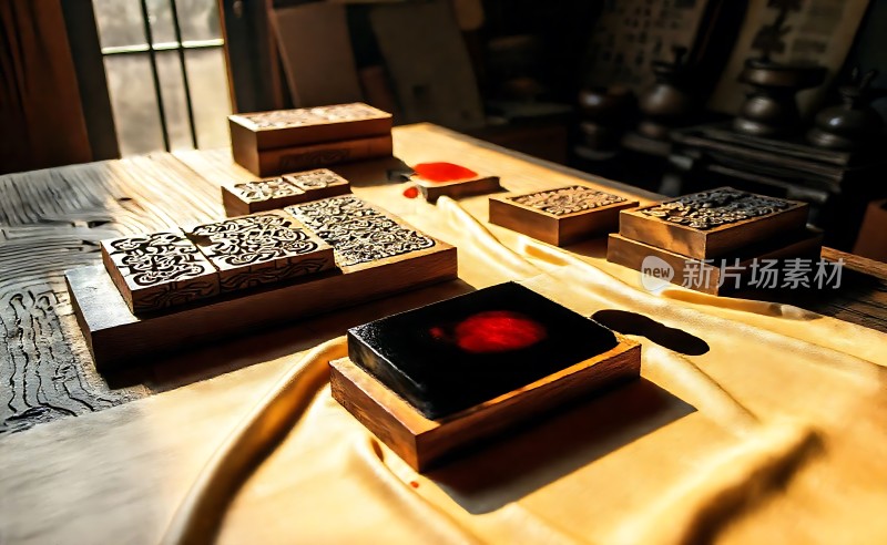 木制印章与红色印泥的结合艺术