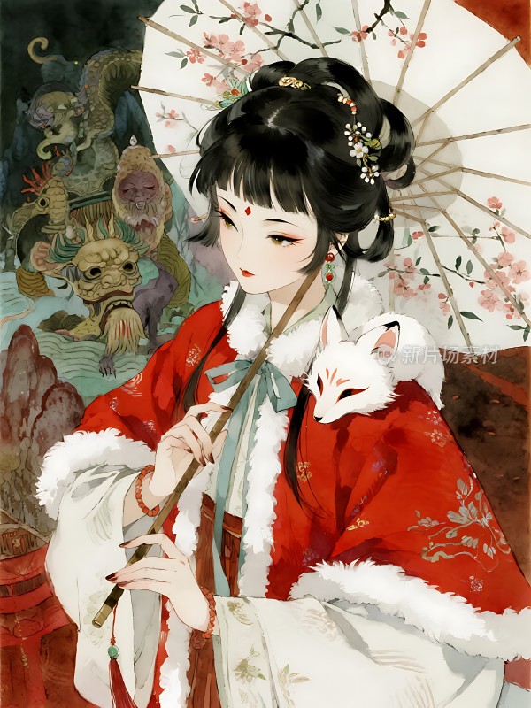 红衣佳人撑油纸伞白狐相伴背景有神兽