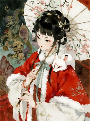 红衣佳人撑油纸伞白狐相伴背景有神兽 红衣佳人撑油纸伞白狐相伴背景有神兽