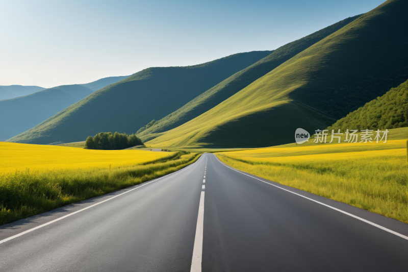 道路黄色的花朵和山丘风光风景图片