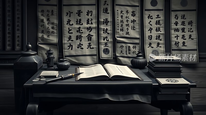 古风书房墨香四溢书法作品与书籍共舞