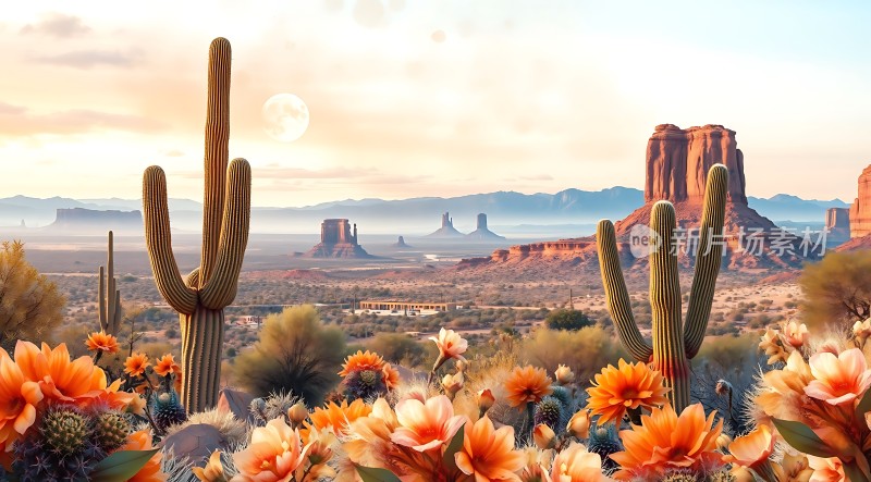 沙漠奇观仙人掌与花海共舞