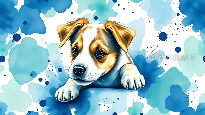 蓝色背景下的可爱小狗