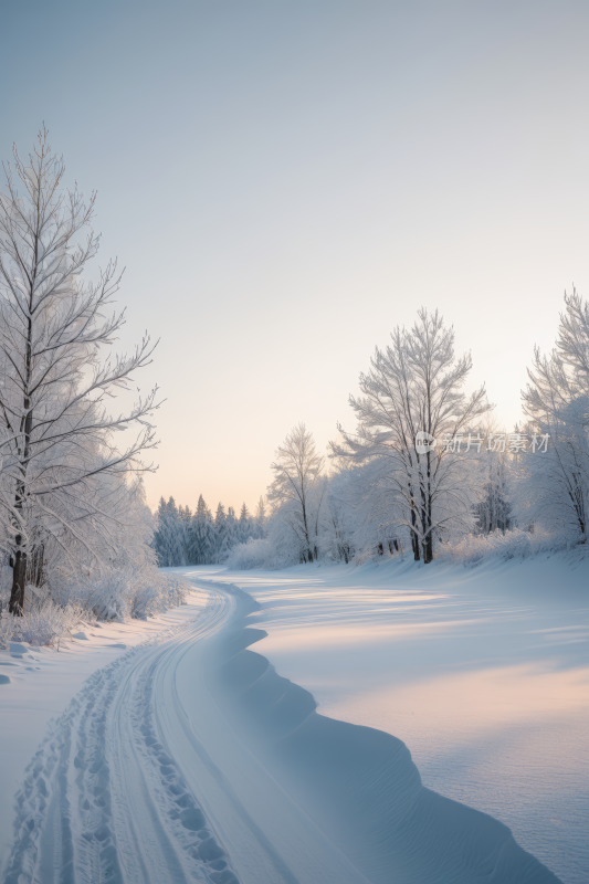 雪路雪中有铁轨背景中有树木背景图片