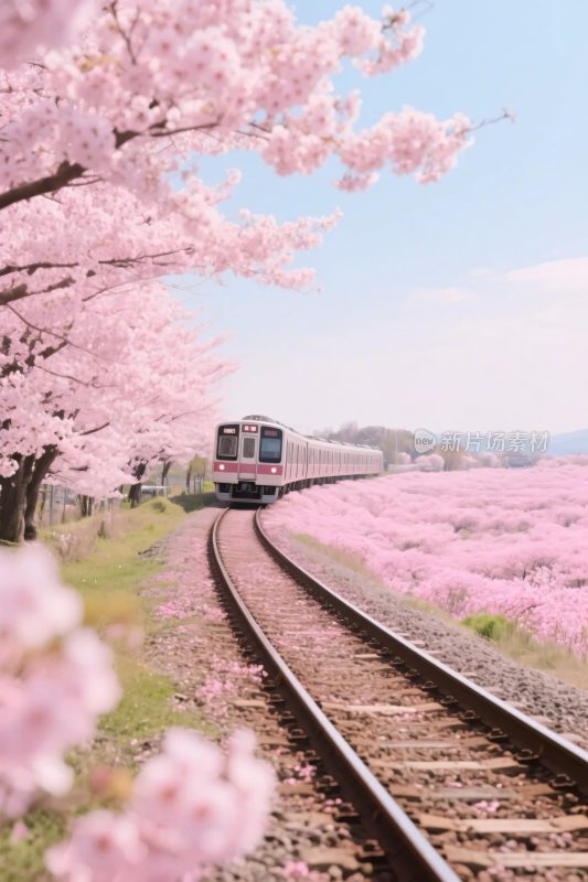 樱花铁轨列车风景图