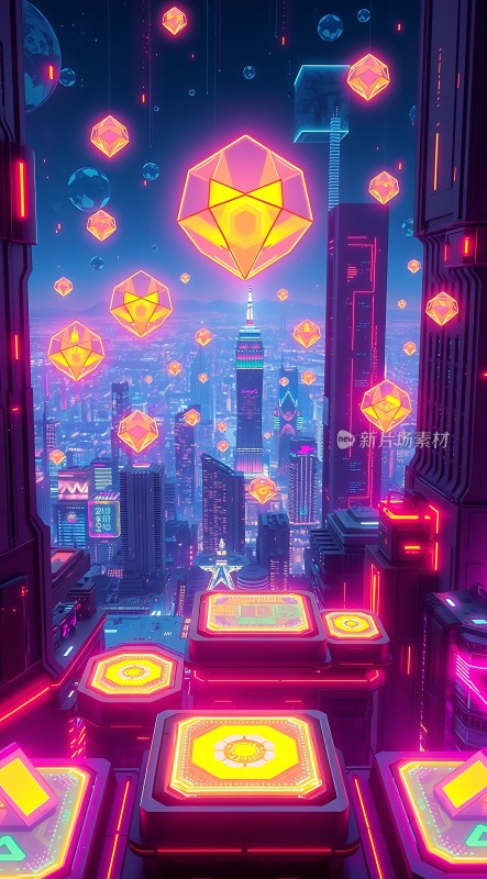 霓虹幻境未来都市与科技宝石