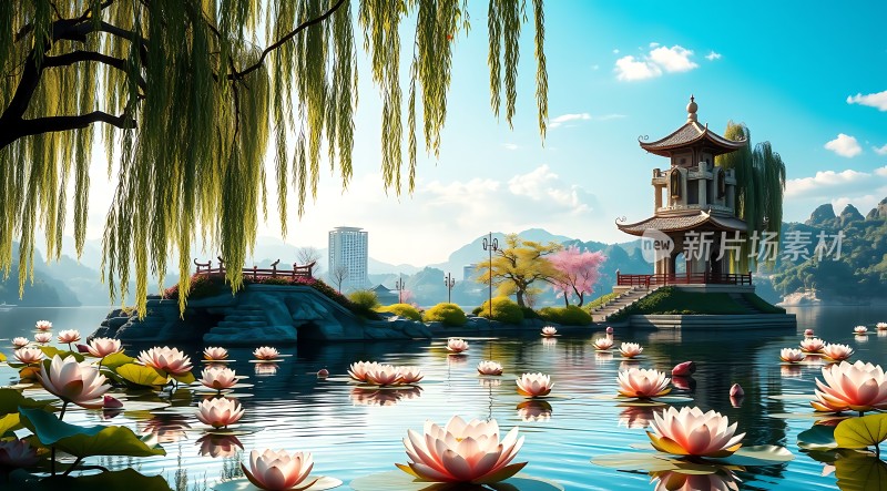 湖畔荷香亭阁映翠波