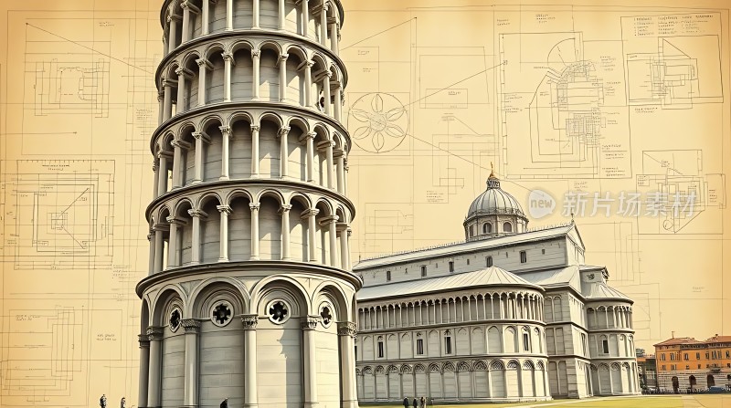 比萨斜塔与建筑图纸