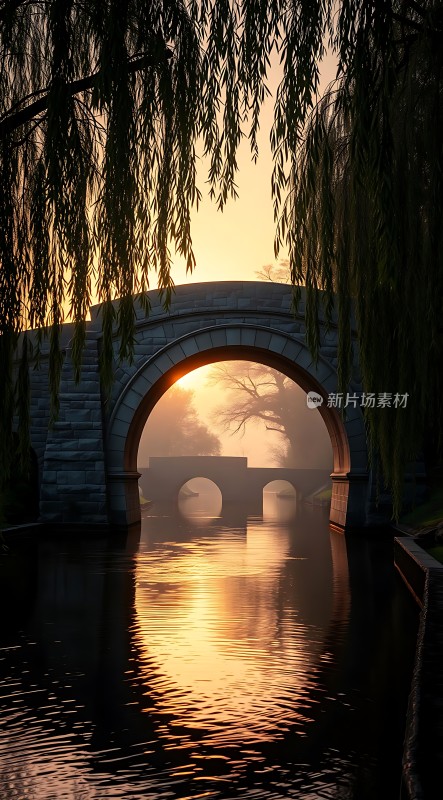 晨雾中的古桥与柳影