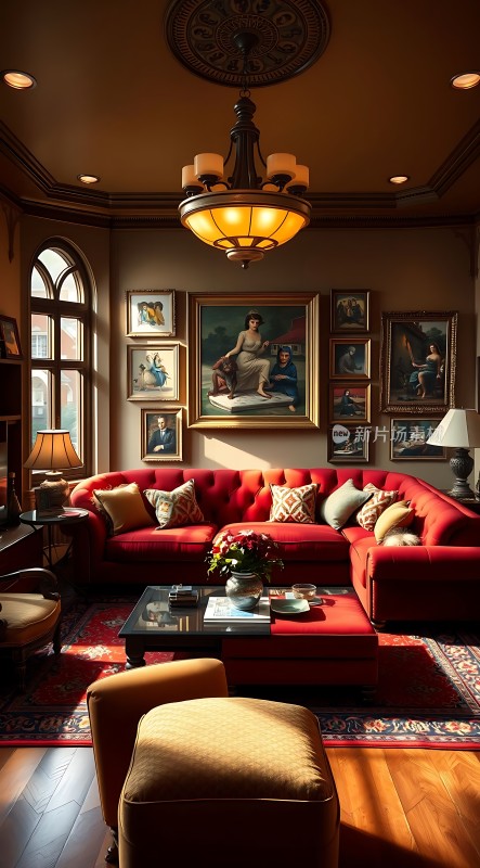 豪华客厅红色沙发艺术画作精美地毯温馨氛围