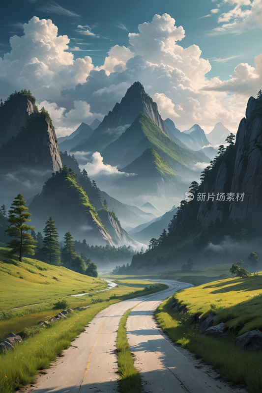 山谷中的一条道路的作一座高山清风景插图片